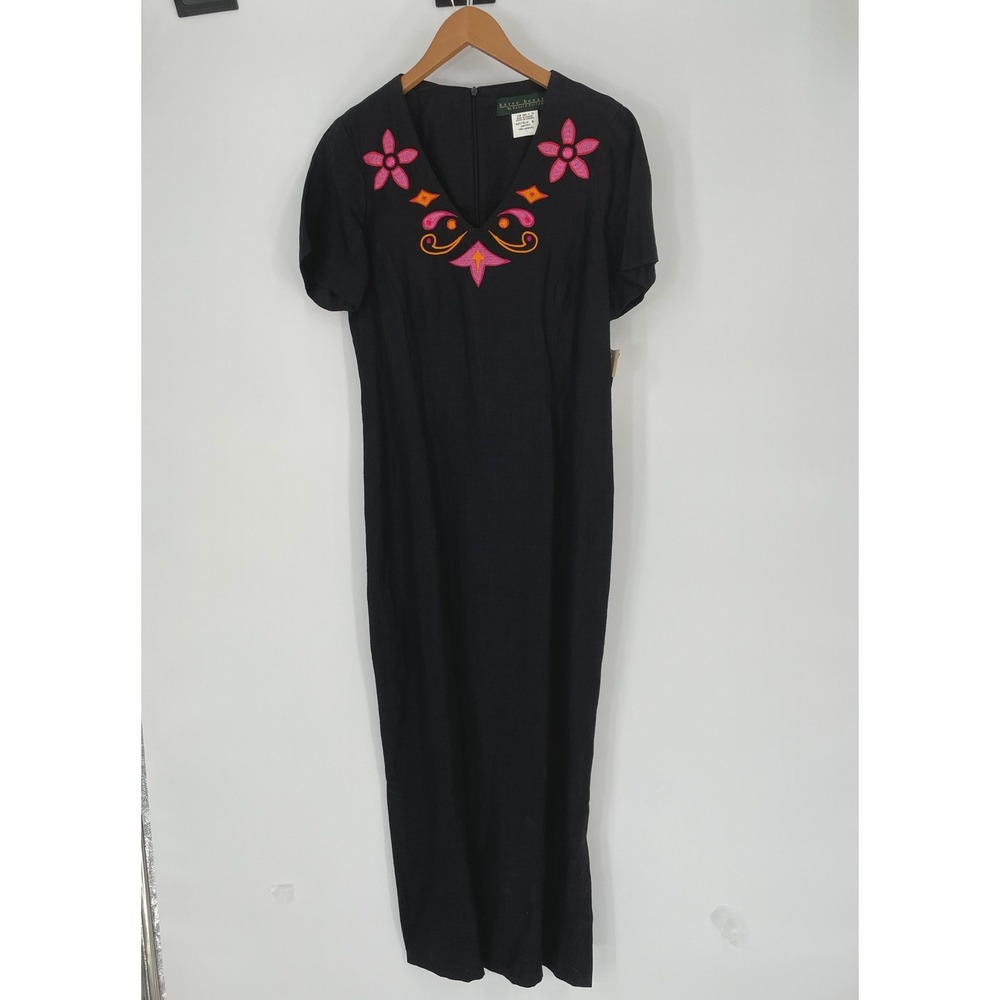 NWT Harve Benard Women Dress 4 Maxi Black 100% Linen Embroidered Floral‎ V-Neck